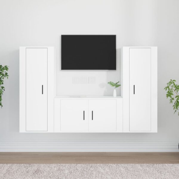 White Engineered Wood 3 Piece TV Cabinet Set  Wall-Mounted Design  Ample Storage Space