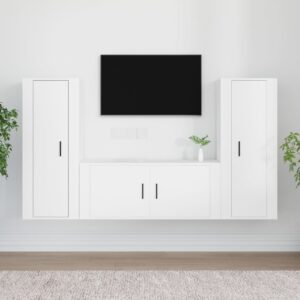 White Engineered Wood 3 Piece TV Cabinet Set  Wall-Mounted Design  Ample Storage Space