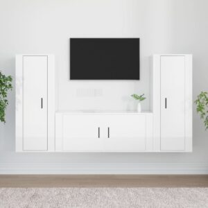 High Gloss White 3 Piece TV Cabinet Set  Engineered Wood  Wall-Mounted Design  Ample Storage