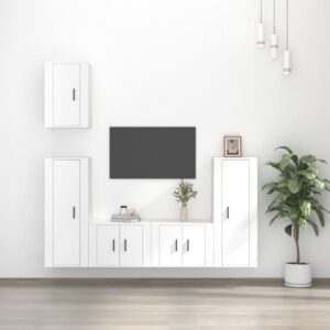 White Engineered Wood 5 Piece TV Cabinet Set  Wall-Mounted Design  Ample Storage Space