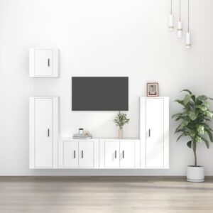 White Engineered Wood 5 Piece TV Cabinet Set  Wall-Mounted Design  Ample Storage Space