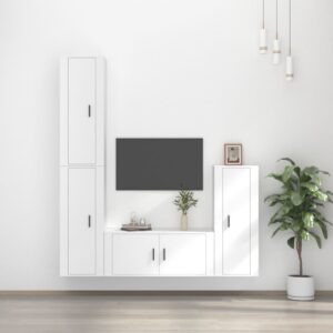 White Engineered Wood TV Cabinet Set - 4 Pieces  Wall-Mounted  Ample Storage  Easy to Clean