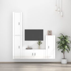 High Gloss White 4 Piece TV Cabinet Set  Engineered Wood  Wall-Mounted  Ample Storage Space