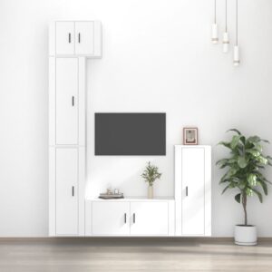 White Engineered Wood TV Cabinet Set  5 Piece  Wall-Mounted  Ample Storage  Easy Assembly