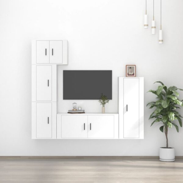 5 Piece White TV Cabinet Set  Engineered Wood  Wall-Mounted  Ample Storage  Easy Assembly