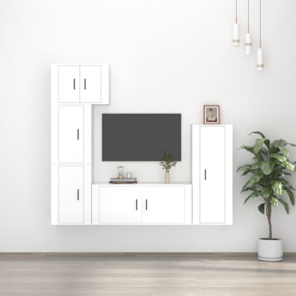 High Gloss White 5 Piece TV Cabinet Set  Engineered Wood  Wall-Mounted  Ample Storage Space