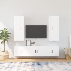 White Engineered Wood 5 Piece TV Cabinet Set  Wall-Mounted Design  Ample Storage Space