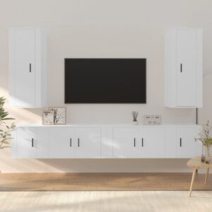 White Engineered Wood TV Cabinet Set  6 Pieces  Wall-Mounted  Ample Storage  Easy Assembly