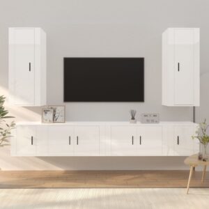 High Gloss White 6 Piece TV Cabinet Set  Engineered Wood  Wall-Mounted  Ample Storage Space