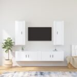 High Gloss White 4 Piece TV Cabinet Set  Engineered Wood  Wall-Mounted  Ample Storage Space