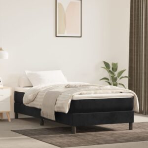 Deluxe Velvet Box Spring Bed Frame in Black  100x200 cm  Comfortable and Sturdy with Plywood Slats