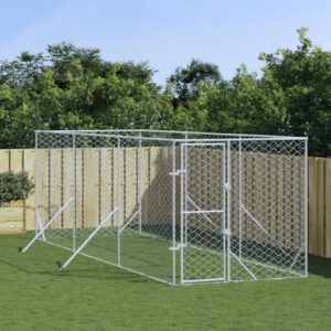 Outdoor Dog Kennel in Silver - Galvanised Steel  Spacious  Lockable Door  Mesh Design