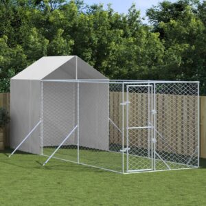 Spacious Outdoor Dog Kennel with Protective Roof  Galvanised Steel  Lockable Door  Silver