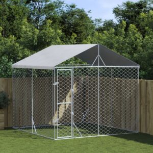 Outdoor Dog Kennel with Protective Roof  Galvanised Steel  Spacious  Lockable Door  Silver