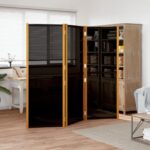 Black 3-Panel Room Divider in Solid Acacia Wood and Textilene  Indoor and Outdoor Use  Foldable