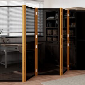 6-Panel Room Divider in Black  Solid Acacia Wood  Textilene  Indoor Outdoor Use  Foldable Design