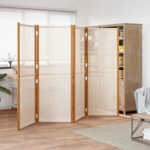 4-Panel Room Divider in Cream White  Solid Acacia Wood  Weather-Resistant Textilene  Indoor/Outdoor Use