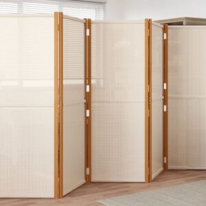 5-Panel Room Divider in Cream White  Solid Acacia Wood  Textilene  Indoor Outdoor Use