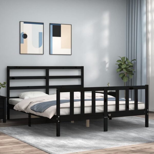 Bed Frame with Headboard Black 153x203 cm Queen Solid Wood