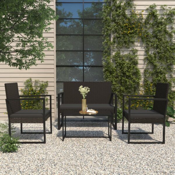 Black Poly Rattan Garden Lounge Set with Cushions - Four Piece Outdoor Furniture Set