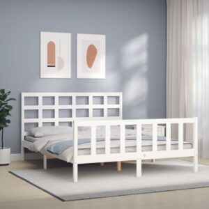 Bed Frame with Headboard White 153x203 cm Queen Solid Wood