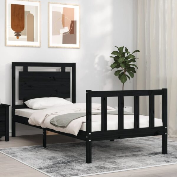 Bed Frame with Headboard Black 92x187 cm Single Size Solid Wood