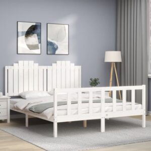 Bed Frame with Headboard White 153x203 cm Queen Solid Wood