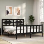 Bed Frame with Headboard Black 153x203 cm Queen Solid Wood