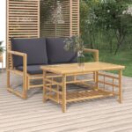 Two Piece Bamboo Garden Lounge Set with Dark Grey Cushions - Outdoor Patio Furniture