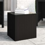 Black Side Table Poly Rattan Tempered Glass Indoor Outdoor Use Weather Resistant