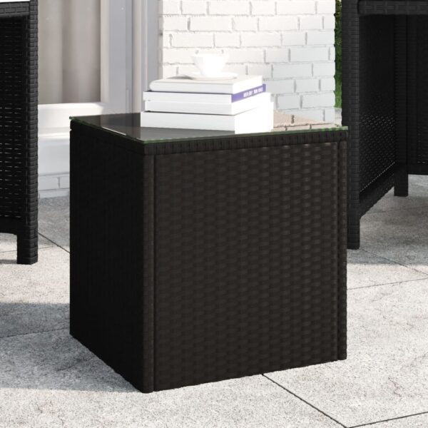 Black Side Table Poly Rattan Tempered Glass Indoor Outdoor Use Weather Resistant