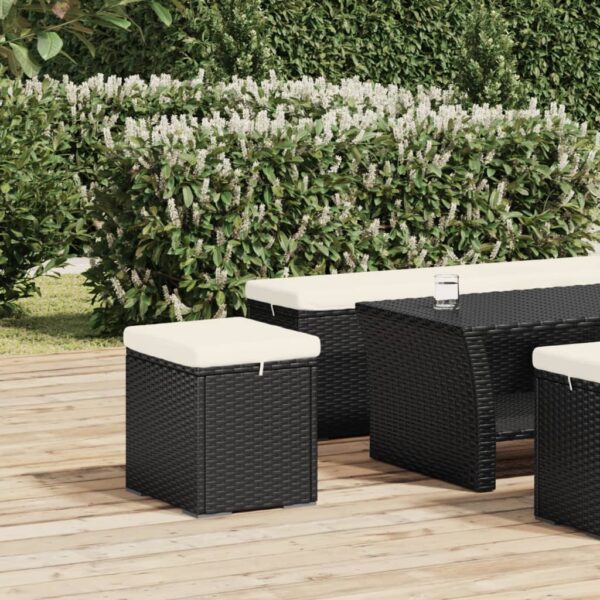 Black Ottoman with Cushion  Poly Rattan Material  Weather Resistant  Sturdy Frame  Comfortable