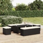 Set of Two Black Poly Rattan Ottomans with Cushions - Weather Resistant  Easy to Clean  Sturdy Frame  Comfortable Seating