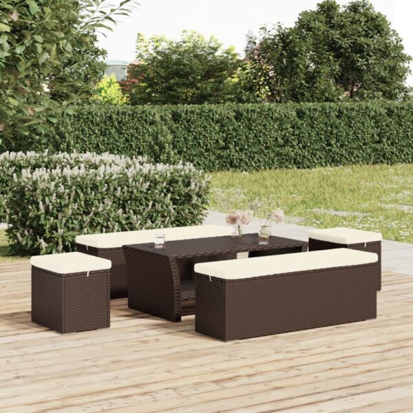 Set of Two Brown Poly Rattan Ottomans with Cushions - Weather Resistant  Easy to Clean  Sturdy Frame  Comfortable Seating for Indoor and Outdoor Use