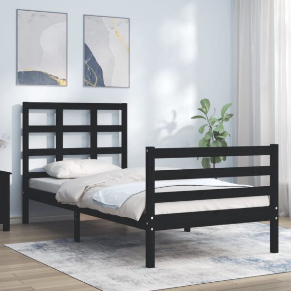 Bed Frame with Headboard Black 92x187 cm Single Size Solid Wood