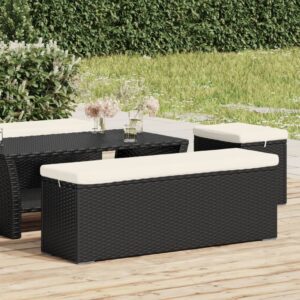 Black Ottoman Bench with Cushion  Poly Rattan Material  Indoor and Outdoor Use