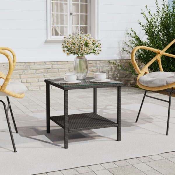 Black Side Table with Storage Shelf  Poly Rattan and Tempered Glass  Indoor and Outdoor Use