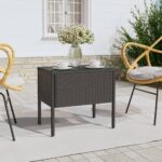 Black Side Table with Poly Rattan and Tempered Glass - Weather Resistant  Easy to Clean  Indoor and Outdoor Use