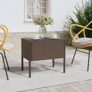 Stylish Brown Side Table with Poly Rattan and Tempered Glass - Indoor and Outdoor Use