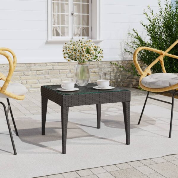 Stylish Black Side Table with Poly Rattan and Tempered Glass - Indoor and Outdoor Use