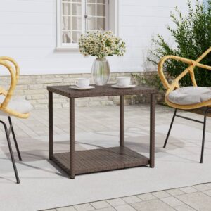 Two-Layer Side Table in Brown Poly Rattan with Powder-Coated Steel Frame for Indoor and Outdoor Use