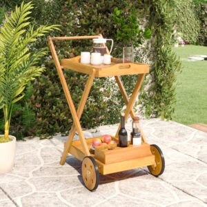 Solid Acacia Wood Tea Trolley with Castors  Two Tiers  and Bottle Holder  Oil Finish