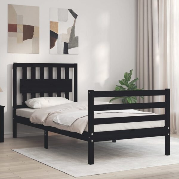 Bed Frame with Headboard Black 92x187 cm Single Size Solid Wood