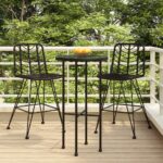 Set of Two Black PE Rattan and Steel Bar Stools with Backrest and Footpad for Outdoor Use