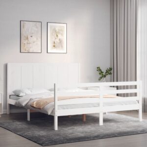 Bed Frame with Headboard White 153x203 cm Queen Solid Wood