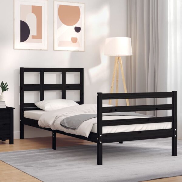 Bed Frame with Headboard Black 92x187 cm Single Size Solid Wood