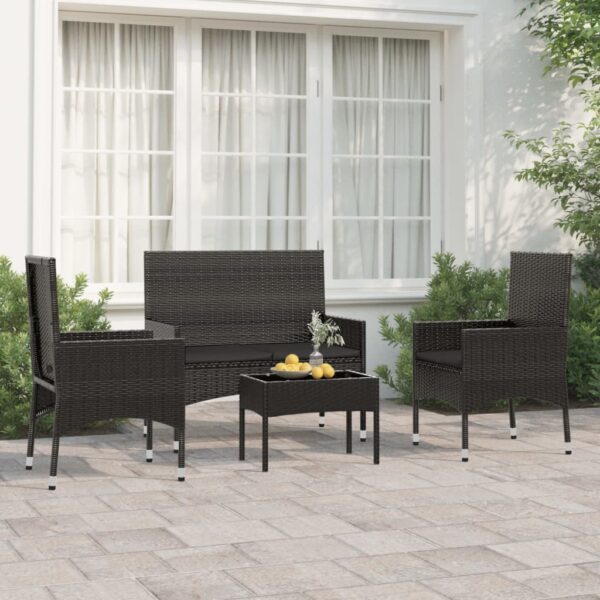 Black Poly Rattan Garden Lounge Set with Cushions - Four Piece Outdoor Furniture Set