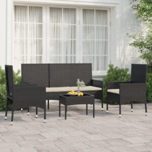 Stylish Black Poly Rattan Garden Lounge Set with Cushions - Four Piece Outdoor Furniture Set