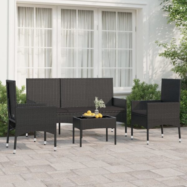 Black Poly Rattan Garden Lounge Set with Cushions - 4 Piece Outdoor Furniture Set