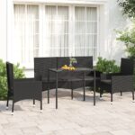 Black Poly Rattan Garden Lounge Set with Cushions - 4 Piece Outdoor Furniture Set  Weather Resistant  Comfortable and Durable